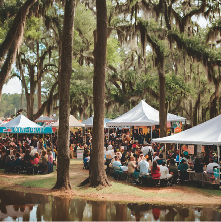 A lively outdoor gathering with numerous people seated and standing around white tents in a wooded area. Spanish moss hangs from tall trees, and a reflective pond is in the foreground, adding to the serene ambiance.