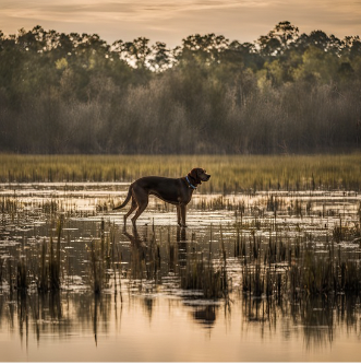 A dog stands in shallow water surrounded by tall reeds in a marshland. The backdrop features a line of dense trees under a sunset sky, casting a golden hue over the serene landscape.